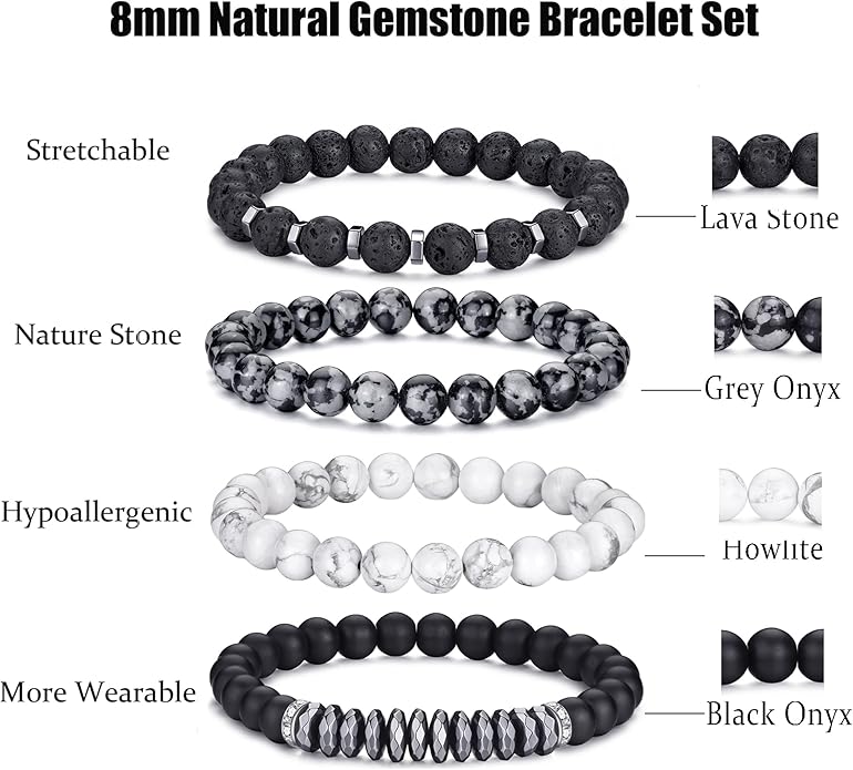RANKEEF Tiger Eye Bracelet For Men 8MM Natural Stone Stretch Adjustable Black Crystal Beaded Bracelet for Men Women Gifts