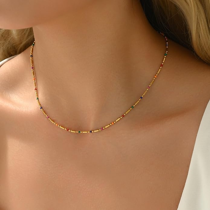 Gold Chain Necklace for Women Dainty 18K Gold Plated Thin Satellite Beaded Turquoise Necklace Simple Gold Boho Jewelry