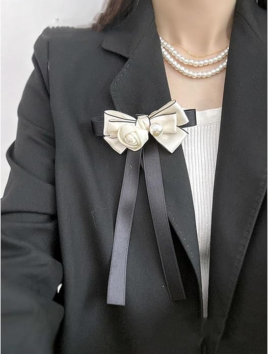 Vintage Camellia Pearls Brooch for Women, Ribbon Bows Tie Pin Elegant Preppy Uniform Pre Tied Bowknot Corsage Shirt Jabot Collar Necktie