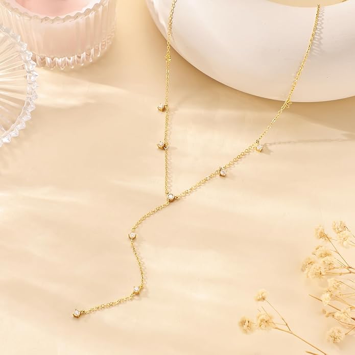LOVELUCK Long Lariat Necklace for Women,Dainty Layered Y-Shaped Necklaces 14k Gold/Silver Plated Drop Chain Trendy Christmas Jewelry Gifts
