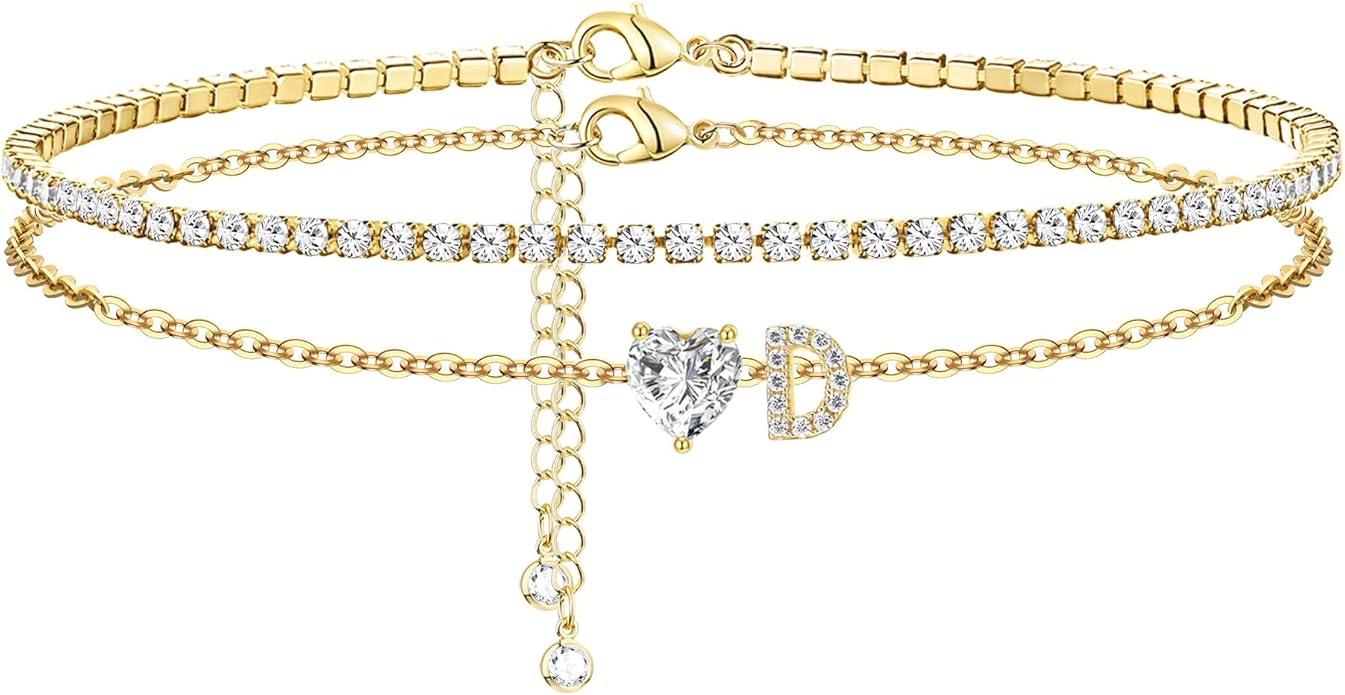 Gold Initial Ankle Bracelets for Women 14K Gold Plated CZ heart Tennis Anklets for Women Waterproof Layered Adjustable Letter Anklets Large Ankle Summer Beach Foot Jewelry