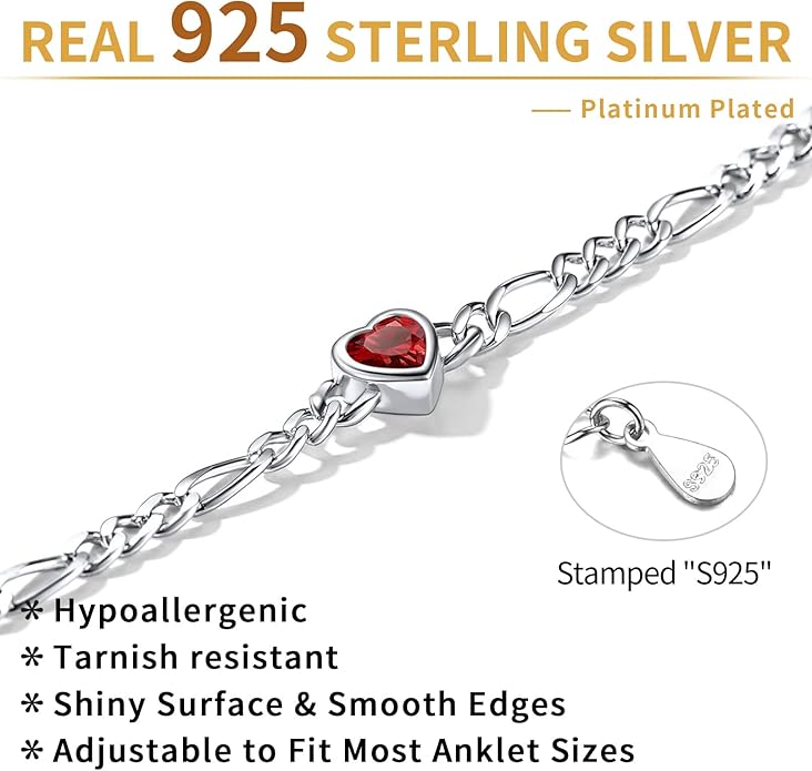 ChicSilver Sterling Silver Anklets Bracelets for Women, Figaro Chain Heart/Round Birthstone Anklet for Women Waterproof, Dainty Herringbone Ankle Bracelet Summer Beach jewelry