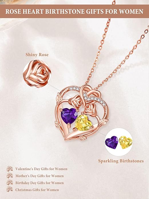 Rose Gold Necklaces for Women Double Birthstone Rose Flower Heart Pendant Necklace Jewelry Anniversary Christmas Valentine's Mother's Day Birthday Gift for Wife Mom Her Girlfriend Sister