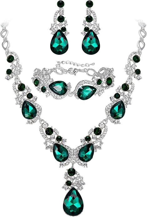 BriLove Wedding Bridal Jewelry for Women Multi Teardrop Cluster Crystal Statement Necklace Dangle Earrings Link Bracelet Set