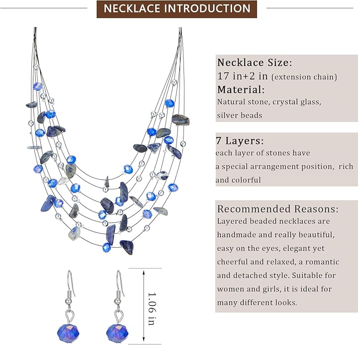 Multi-Layer Boho Shell Beaded Necklace for Women Colorful Crystal Strand with Silver Beads Statement Collars Necklace and Earrings Costumes Jewelry Sets for Women