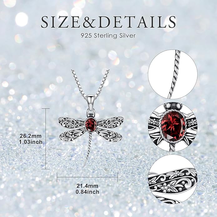 Vintage Dragonfly Necklace for Women 925 Sterling Silver, Oval Birthstone Dragonfly Pendant Boho Jewelry Birthday Gift for Her, Mom, Grandma