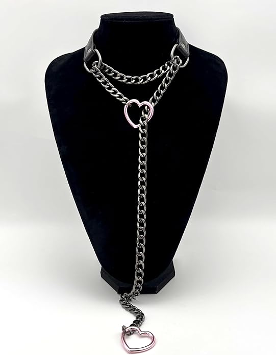 Black Leather Choker Collar For Women, Handmade Heart Slip Chain Choker Long Necklace with Adjustable Buckle