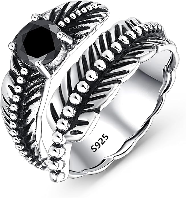 Sterling Silver Feather Ring with Black Onyx & Turquoise - Adjustable Stacking Vintage Statement Ring for Women & Men