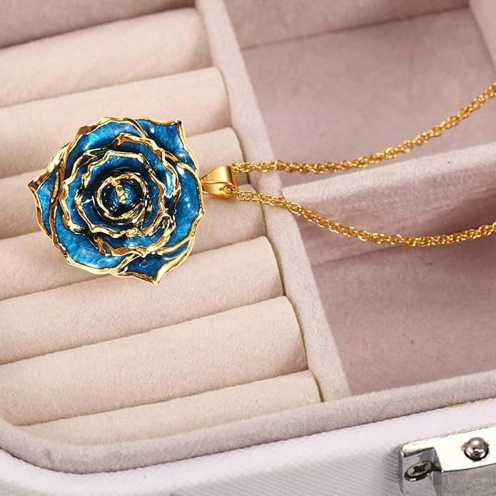 AliveRose Real Rose Gold Dipped Necklace Gifts for Women, 24K Gold Dipped Rose Pendant Necklace Jewelry Mothers Day Anniversaries Birthday Christmas Special Occasions Gifts for Her Mom Wife