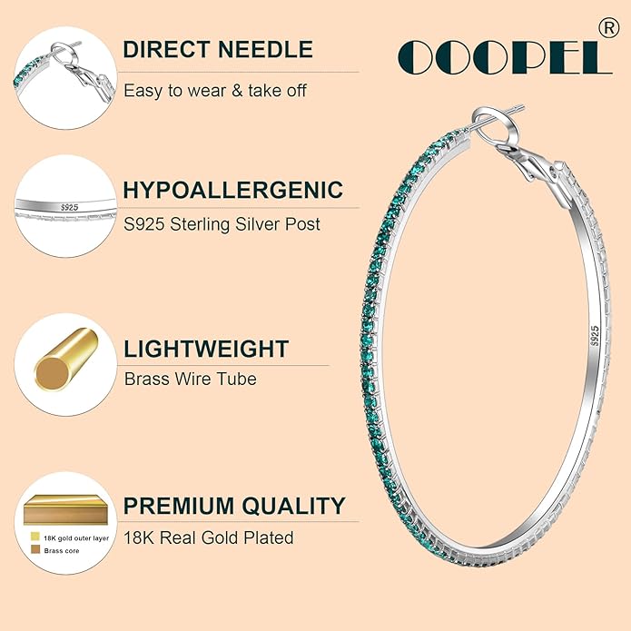 925 Sterling Silver Earrings Large Rhinestone Hoop Earrings Big Cubic Zirconia Hoop Earrings Thin Rhinestones Round Hoop Earrings for Women 20/30/40/50/60/70mm Sparkly Hoops With Crystals for Womens