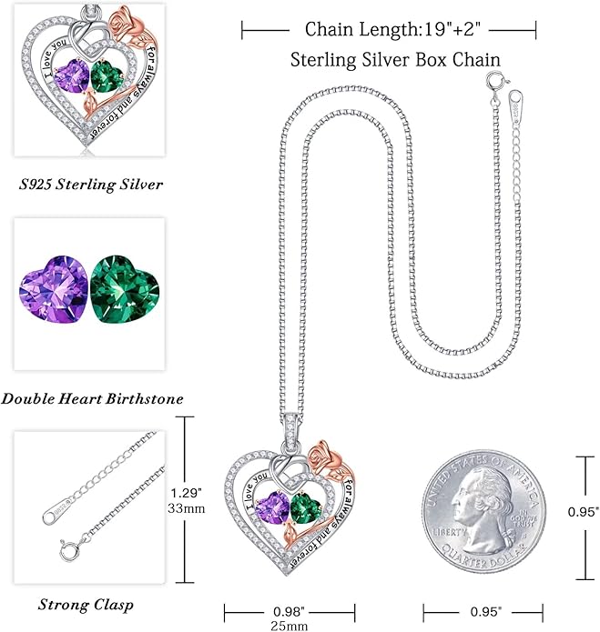 Iefil Rose Heart Necklace Gifts for Wife Women - 925 Sterling Silver Double Birthstone Necklace, Anniversary Birthday Gifts for Women, Jewelry Gift for Wife Girlfriend Mom Her