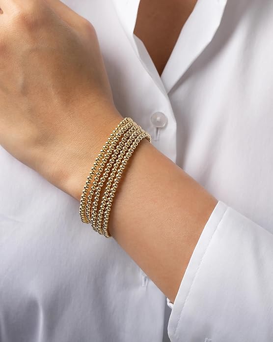 Elegance 11 designs 14K Gold Plated Bead Ball Bracelet Stretchable Elastic Gold Beaded Bracelets for Women