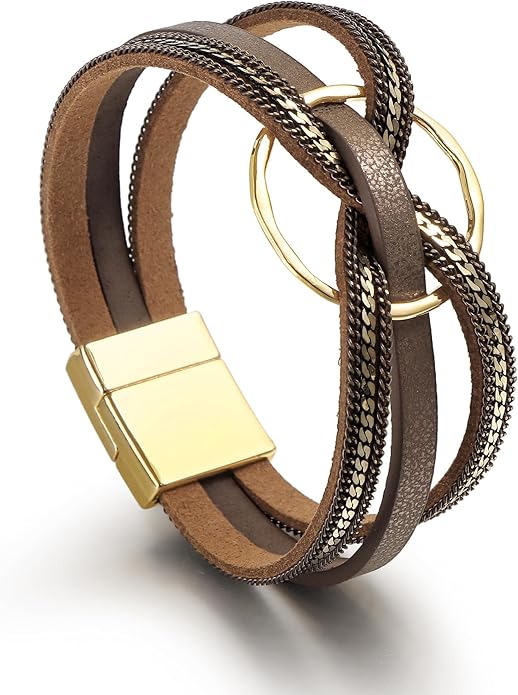 Edoneery Leather Wrap Bracelet for Women, Boho Handmade Multi-Layer Cuff with Crystal Beads Heart, Stackable Bangle Western Jewelry Gift