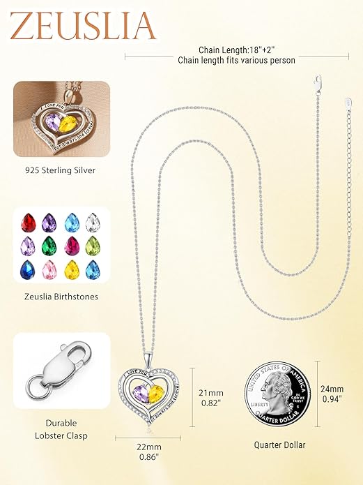 Zeuslia Double Birthstone Necklace Gifts for Wife - 925 Sterling Silver Sunflower/Rose/Crown Cross/Compass/Heart Pendant I Love You Necklace, Anniversary Birthday Gifts for Wife Girlfriend Mom Her
