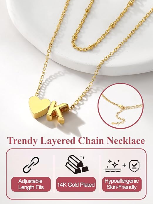 FOCALOOK Layered Initial Necklace for Women, 14K Gold Plated Choker Necklaces Stacks with Initial A-Z, Dainty Silver Heart Pendant Necklace Personalized Birthday Women Jewelry