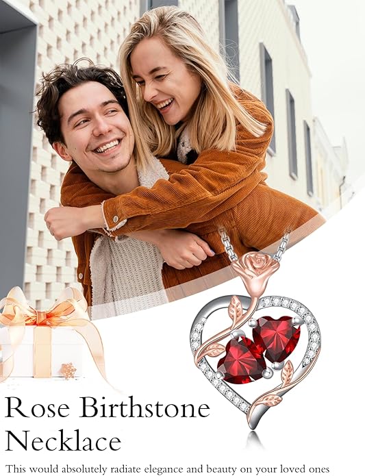 Christmas Gifts for Women Rose Heart Birthstone Pendant Necklace I Love You Forever Jewelry Valentine Mothers Day Birthday Gifts for Women Her Wife Girlfriend