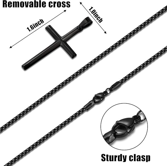 Fiusem Beveled Edge Cross Necklace for Men, Silver Tone/Black/14K Gold Plated Mens Cross Necklace, 2.5MM Stainless Steel Box Chain with Pendant