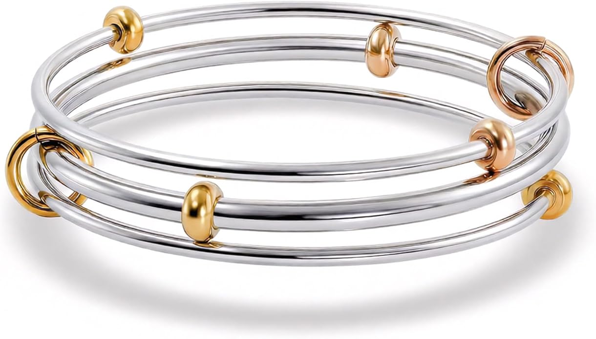 Musishiyu Gold Bracelets for Women Stacking Bangle - 18K Mixed Metal Tri-Color Rolling Interlocking Bands, Cubic Zirconia Fidget Anxiety Jewelry, Valentine's Galentine's Day Gifts (Love, Loyalty, Friendship)