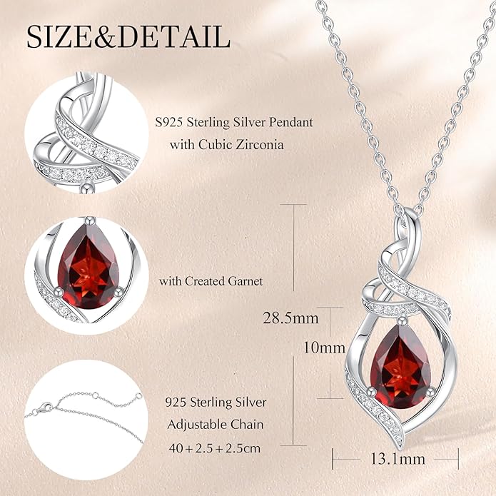 FANCIME Teardrop Gemstone Necklace for Women S925 Sterling Silver Elegant Ribbon Pendent Birthday Gifts for Her, 16"+2" Inches