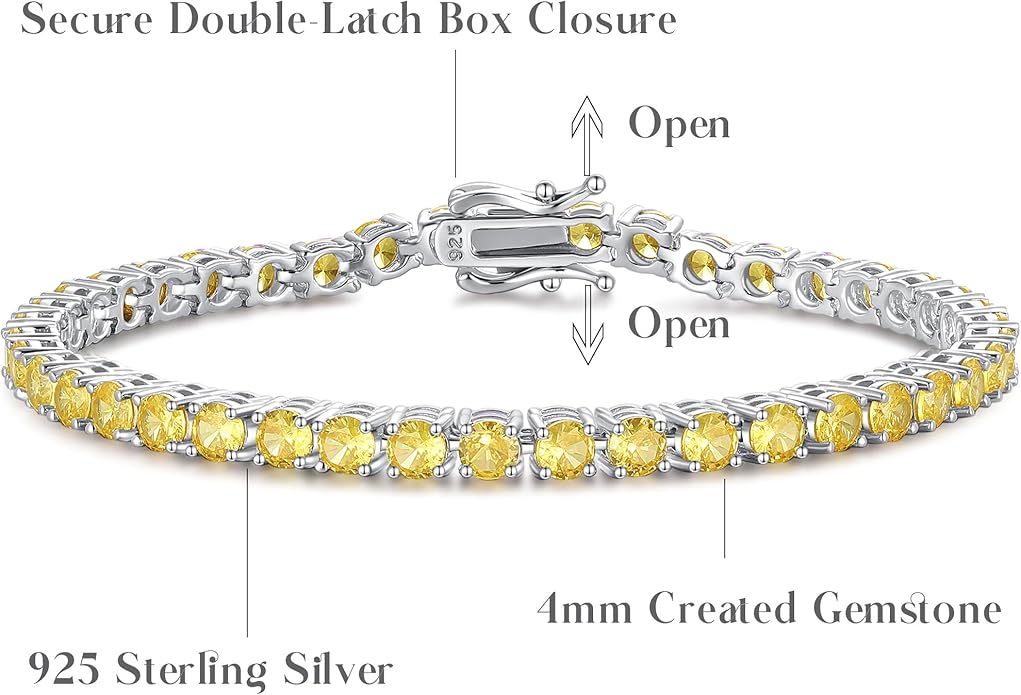 FANCIME Birthstone Bracelet Sterling Silver Gemstone Tennis Bracelets Fine Jewelry Wedding Bridal Prom Birthday Gift for Women Her, Length 7.2 Inch Width 4mm