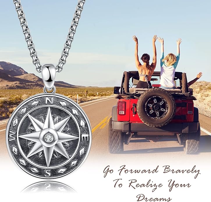 KINGWHYTE Compass Necklace for Men 925 Sterling Silver Birthday Gifts Graduation Travel Jewelry for Husband Brother with Stainless Steel Chain