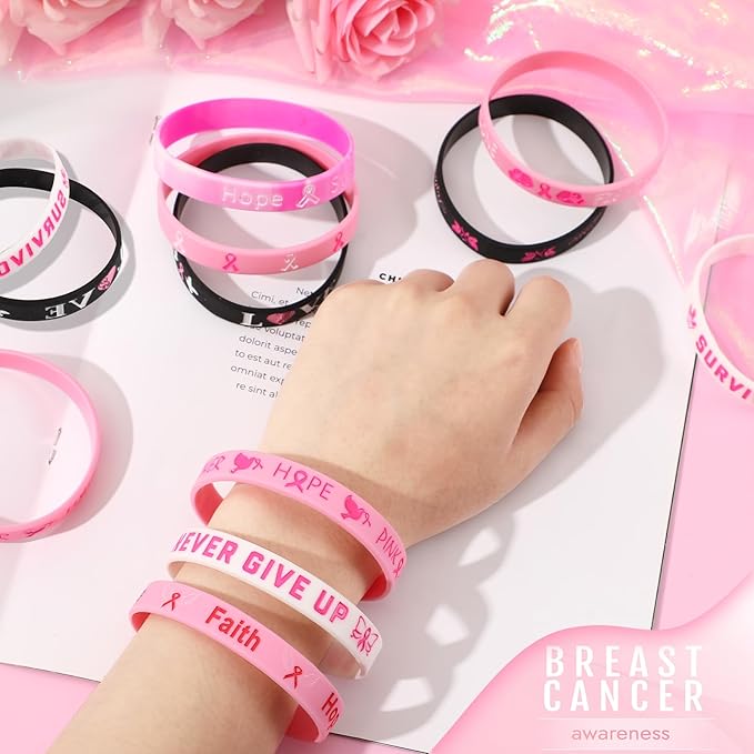 JUNEBRUSHS 64pcs Breast Cancer Awareness Silicone Bracelets Hope Faith Strength Courage Accessories Wristbands for Women Breast Cancer Awareness Gifts Party Supplies Favors (8 Designs)