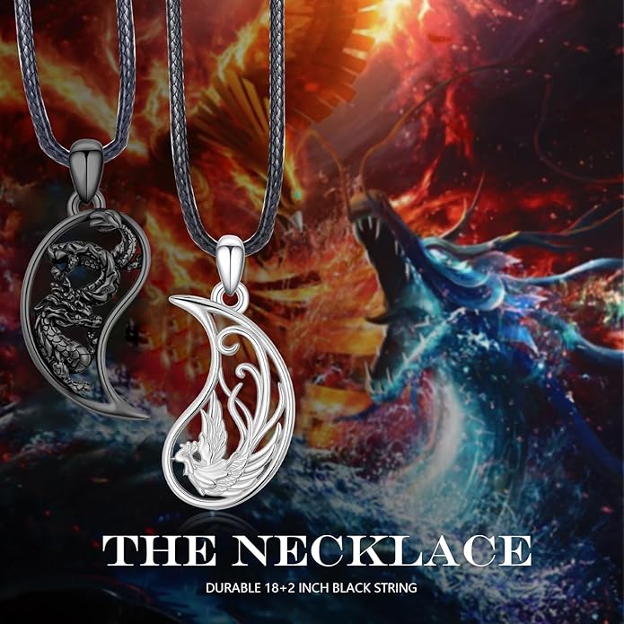 OHAYOO Dragon Phoenix Matching Necklace for Couples 925 Sterling Silver Yin Yang Pendant Necklaces for Couples Jewelry for Him and Her
