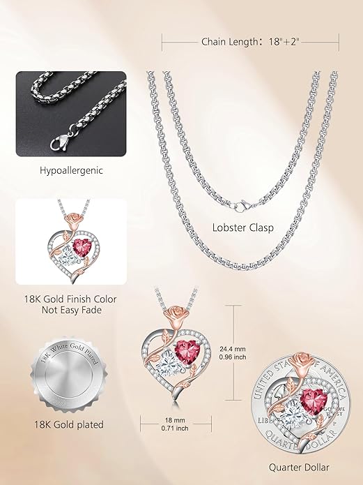 Christmas Gifts for Women Rose Heart Birthstone Pendant Necklace I Love You Forever Jewelry Valentine Mothers Day Birthday Gifts for Women Her Wife Girlfriend