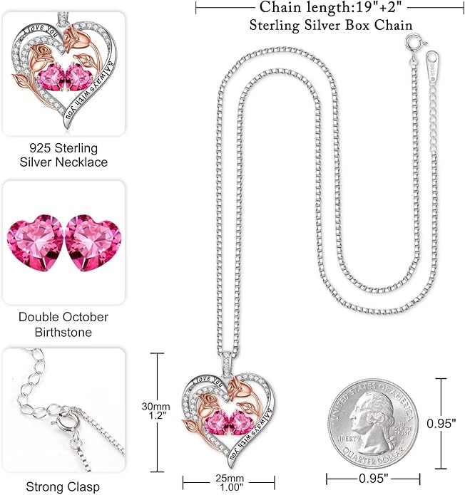 Iefil Birthstone Necklace for Women - 925 Sterling Silver Rose Heart Birthstone Necklace Birthday Anniversary Jewelry Gifts for Her Wife Mom Daughter