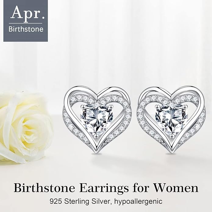 Iefil Birthstone Earrings for Women, 925 Sterling Silver Heart Stud Earrings Birthday Gifts for Women