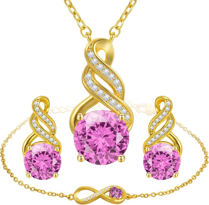 HNPHQT Jewelry Sets for Women-18K Gold Plated Dainty Birthstone Pendant,Trendy Necklace Earrings Infinity Bracelets Set,Ideal Jewelry Gifts for Her Mom