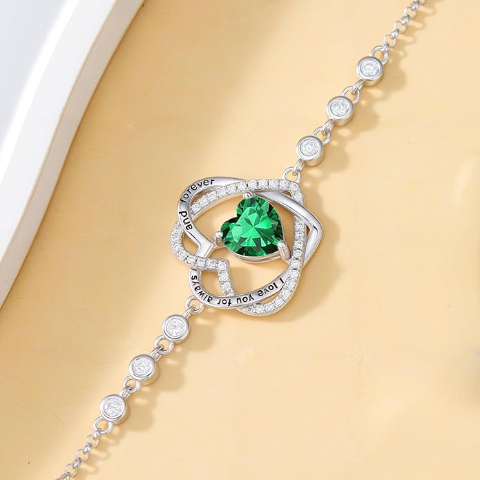 TOUPOP Heart Birthstone Bracelet 925 Sterling Silver Double Heart Bracelet Love You for Always and Forever Jewelry Anniversary Birthday Christmas Gifts for Women Wife Her