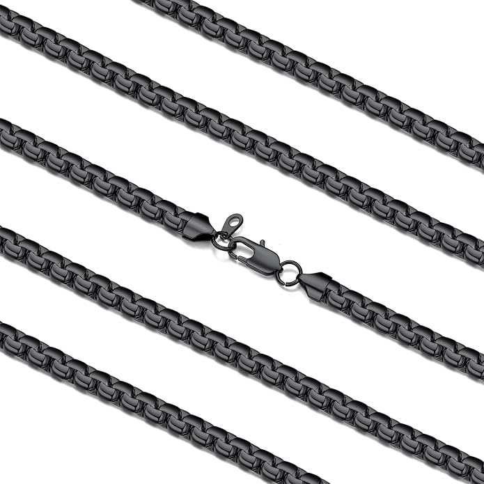 FaithHeart Mens Black/Silver/Gold Stainless Steel Flat Box Link Chain Necklace, Stylish 2/4/6/8mm Width Box Chains Necklaces for Men Non Tarnish Hip Hop Chain Jewelry Gifts,14"-30" Length