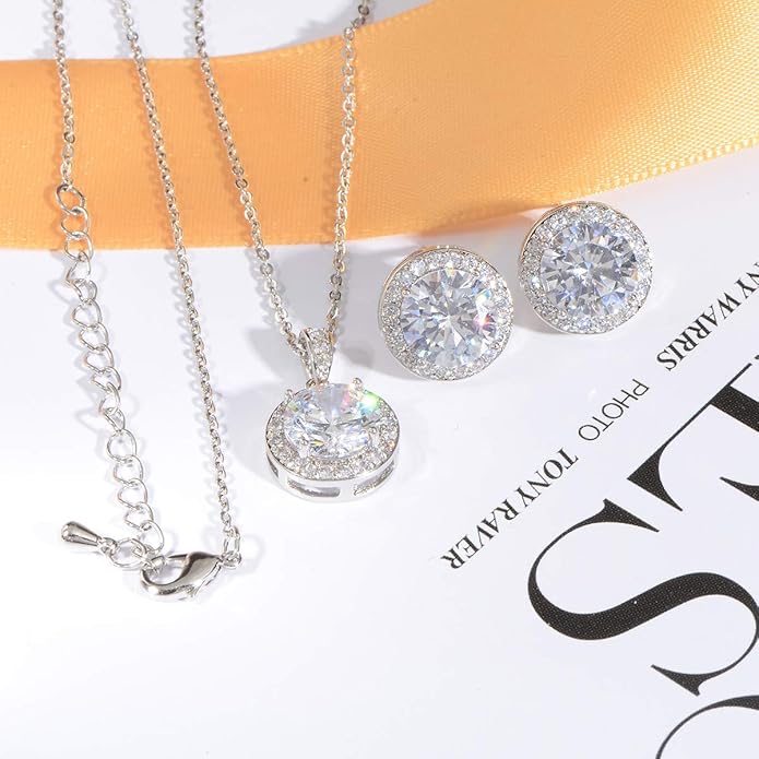 Bridal Crystal Jewelry Set - Sterling Silver Round Cubic Zirconia CZ Rhinestone Halo Birthstone Pendant Necklace Stud Earrings Set for Wedding Bride Bridesmaids Birthday Gift
