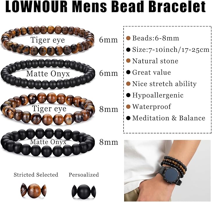 Mens Bracelet Set Black Leather Bracelets for Men Tiger Eye Bracelet 6mm 8mm Lava Rock Beaded Bracelets Adjustable Stretech