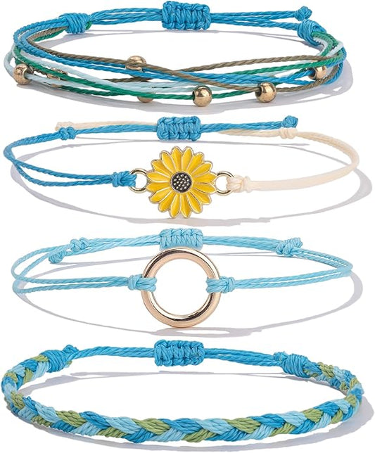 FANCY SHINY Sunflower String Bracelet Boho Braided Rope Wrap Bracelets Cute Summer Beach Surfer Jewelry for Women