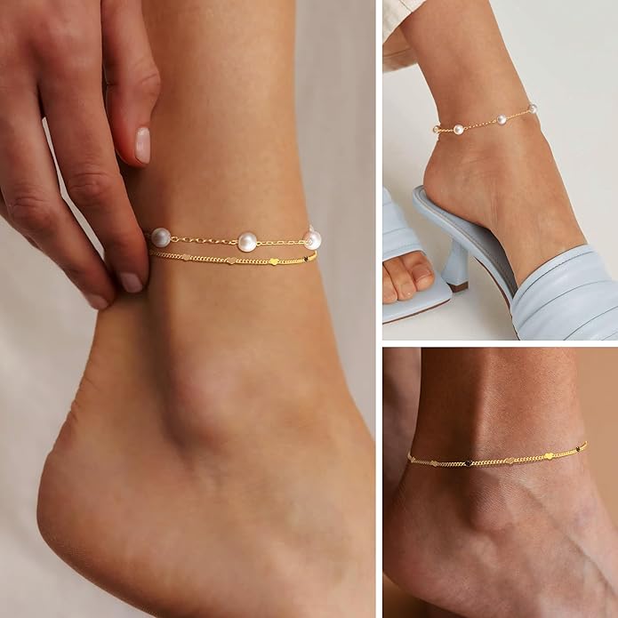 Sterling Silver Anklet Bracelets for Women Waterproof, 925 Sliver Plated CZ & Heart Charm Dainty Layer Anklets for Women Trendy, Simple Chain Anklets Set Gifts for Women, Jewelry Gifts for Her Women Mom Wife Girlfriend