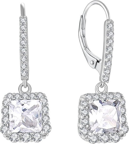 Square Dangle Drop Earrings Sterling Silver Halo Leverback Earrings Birthstone Jewelry for Women