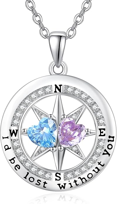 JIYVY32 Compass Birthstones Necklace for Women, Exquisite S925 Necklace Anniversary Birthday Gifts for Wife Her Double Birthstone Pendant jewelry ‘I'd be Lost Without You’