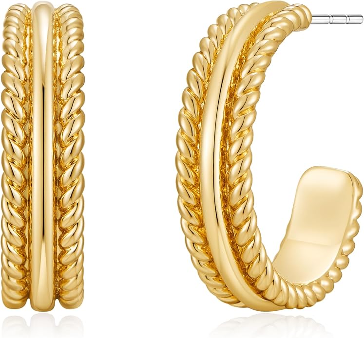 Twisted Cable Hoop Earrings Two Toned Earrings for Women Open C Hoops Chic Mixed Metal Jewelry