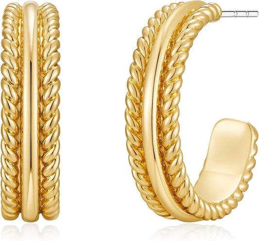 Twisted Cable Hoop Earrings Two Toned Earrings for Women Open C Hoops Chic Mixed Metal Jewelry