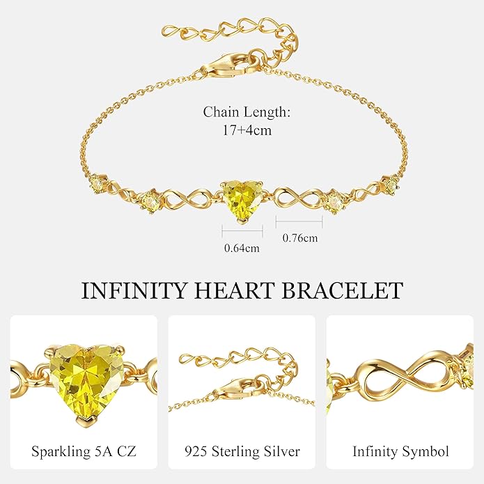 G&GEMSJEW Infinity Heart Birthstone Bracelets for Women, 925 Sterling Silver Women Charm Link Bracelet Adjustable, Birthday Anniversary Christmas Jewelry Gifts for Women Wife Mom Girlfriend Her