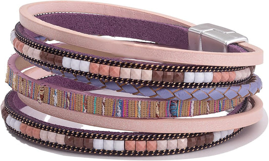 FANCY SHINY Boho Leather Wrap Bracelets Trendy Layered Bracelets with Magnetic Clasp Strackable Bohemian Jewelry Gifts for Women