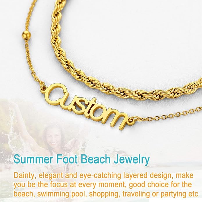 U7 Custom Layered Ankle Bracelets for Women Stainless Steel Bead/Cuban/Figaro/Rope/Wheat Chain Anklet Waterproof Anklet Jewelry for Beach Vacation