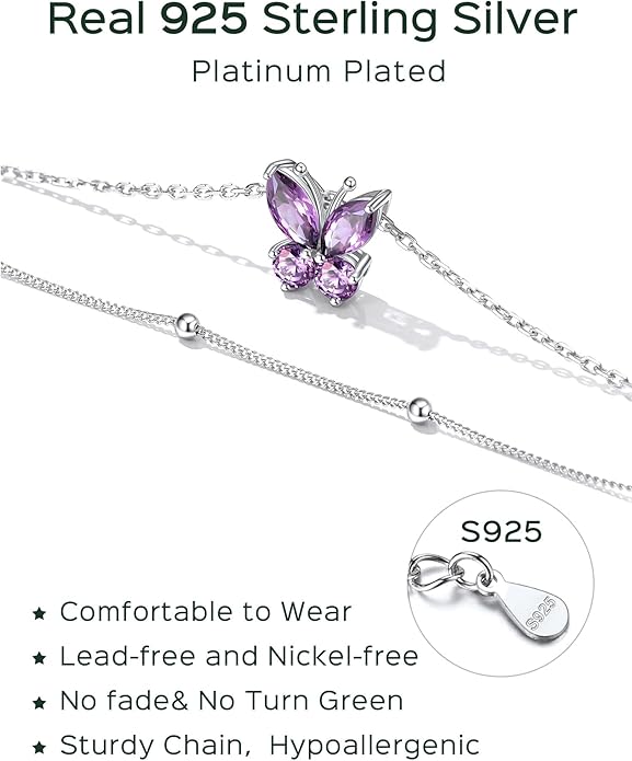 ChicSilver 925 Sterling Silver Anklets for Women Waterproof, Sparkling Birthstone Ankle Bracelets for Women, Adjustable Layered Butterfly Anklet Summer Beach Jewelry
