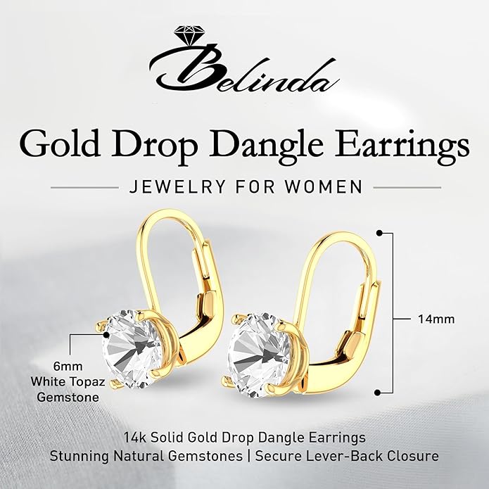 Women’s 14k Solid Gold Drop Dangle Earrings Lever Back Design with Natural Birthstone Gemstones Hypoallergenic Jewelry Collection Ideal Gifts for Wedding Anniversary