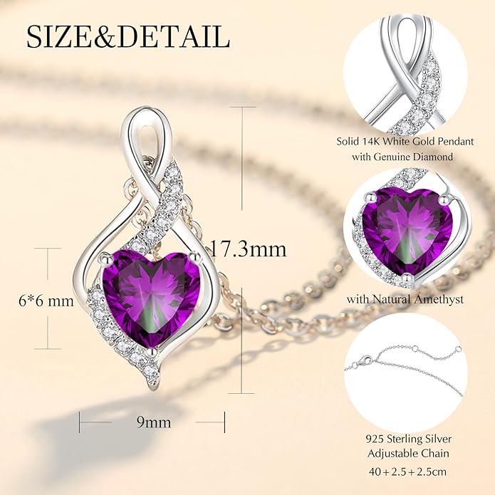 FANCIME 14K Solid White Gold Infinity Heart Birthstone Necklace for Women with Diamond Pendant Birthday Gifts for Mom Women Sterling Silver Chain 16" + 2" Extender