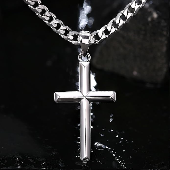 MILACOLATO 925 Sterling Silver Cross Necklace Men - Beveled Edge Cross Pendant with 5mm 316L Stainless Steel Cuban Link Curb Chain Crucifix Necklaces Silver Jewelry for Men Women, 18-30'' Christian Baptism Gift