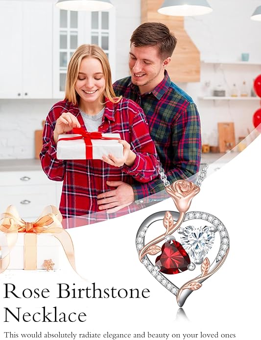 Christmas Gifts for Women Rose Heart Birthstone Pendant Necklace I Love You Forever Jewelry Valentine Mothers Day Birthday Gifts for Women Her Wife Girlfriend