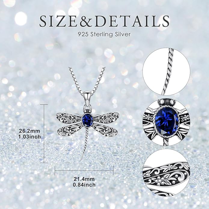 Vintage Dragonfly Necklace for Women 925 Sterling Silver, Oval Birthstone Dragonfly Pendant Boho Jewelry Birthday Gift for Her, Mom, Grandma